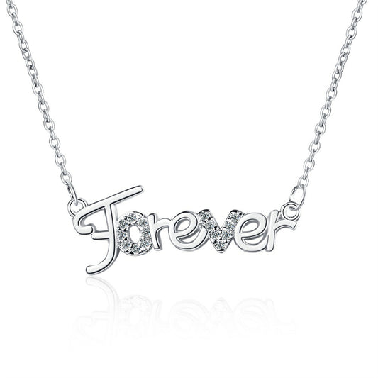 Cubic Zirconia and Silver-Plated 'Forever' Pendant Necklace, silver pendant necklace for women, everyday style, front view