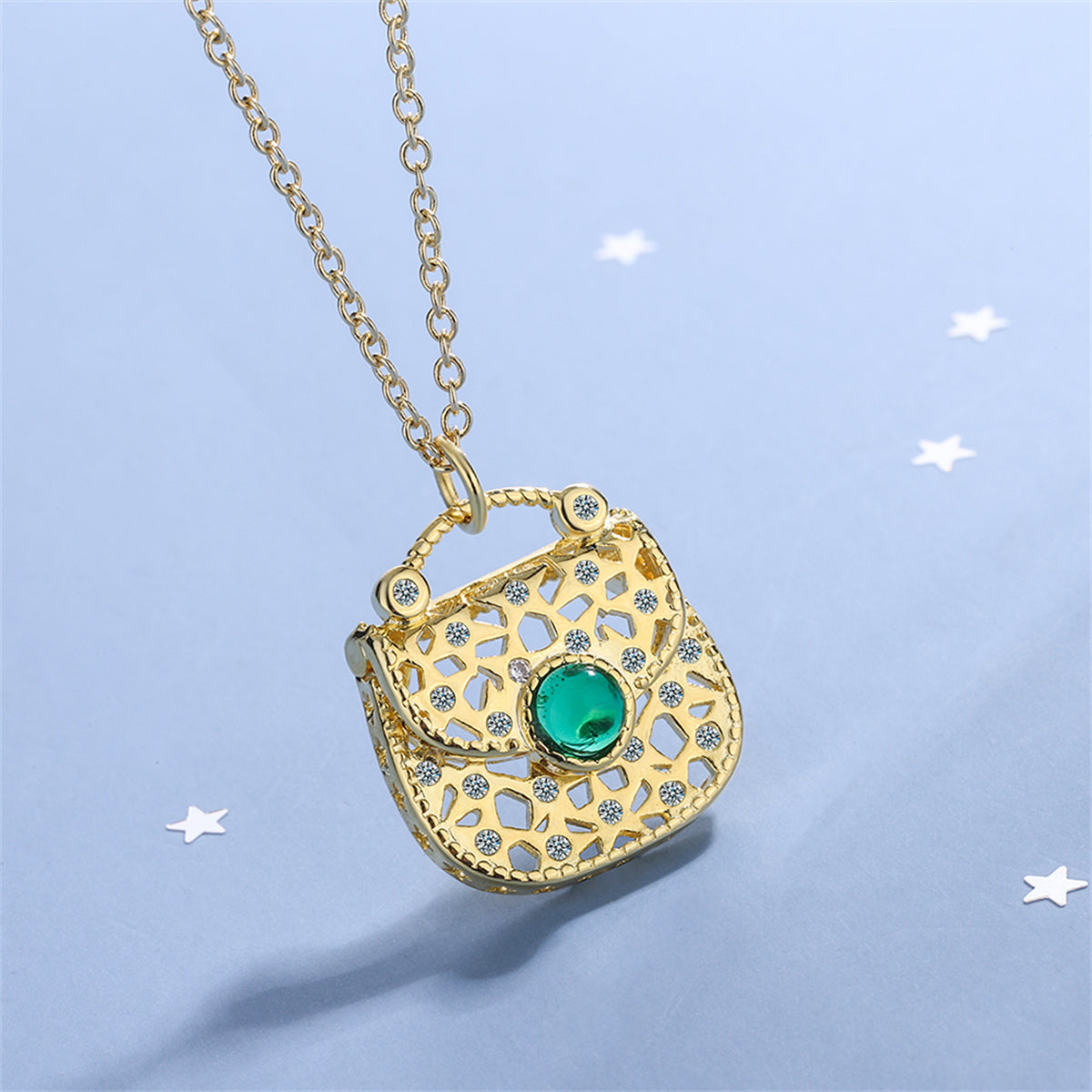 Green Moonstone and Cubic Zirconia Handbag Pendant Necklace, pendant necklace for women, elegant gift for her, side view