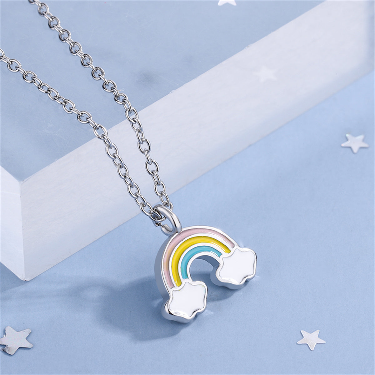 Enamel and Silver-Plated Rainbow Pendant Necklace, silver pendant necklace for women, lifestyle look