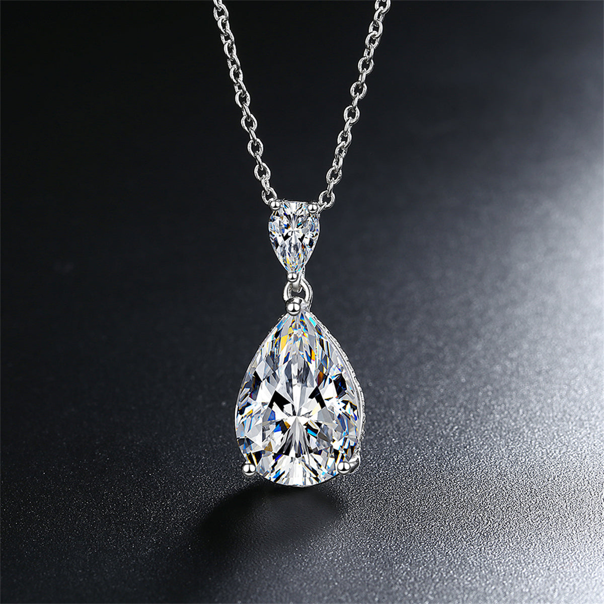 Pear Crystal and Silver-Plated Drop Pendant Necklace, silver pendant necklace for women, elegant gift for her, front view