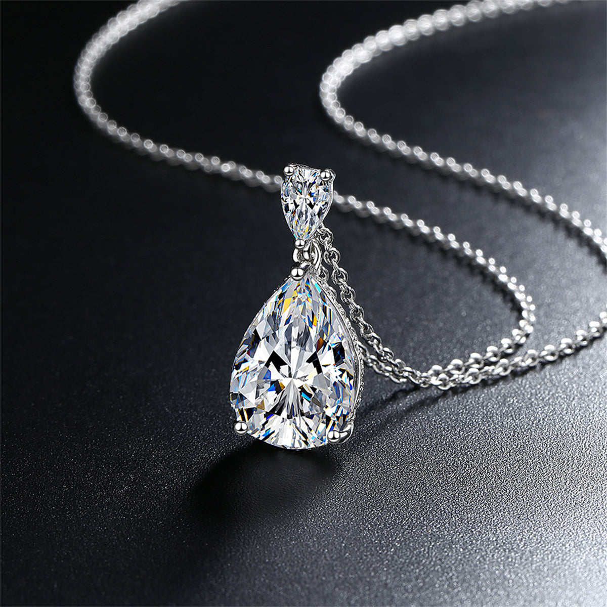 Pear Crystal and Silver-Plated Drop Pendant Necklace, silver pendant necklace for women, detail close-up