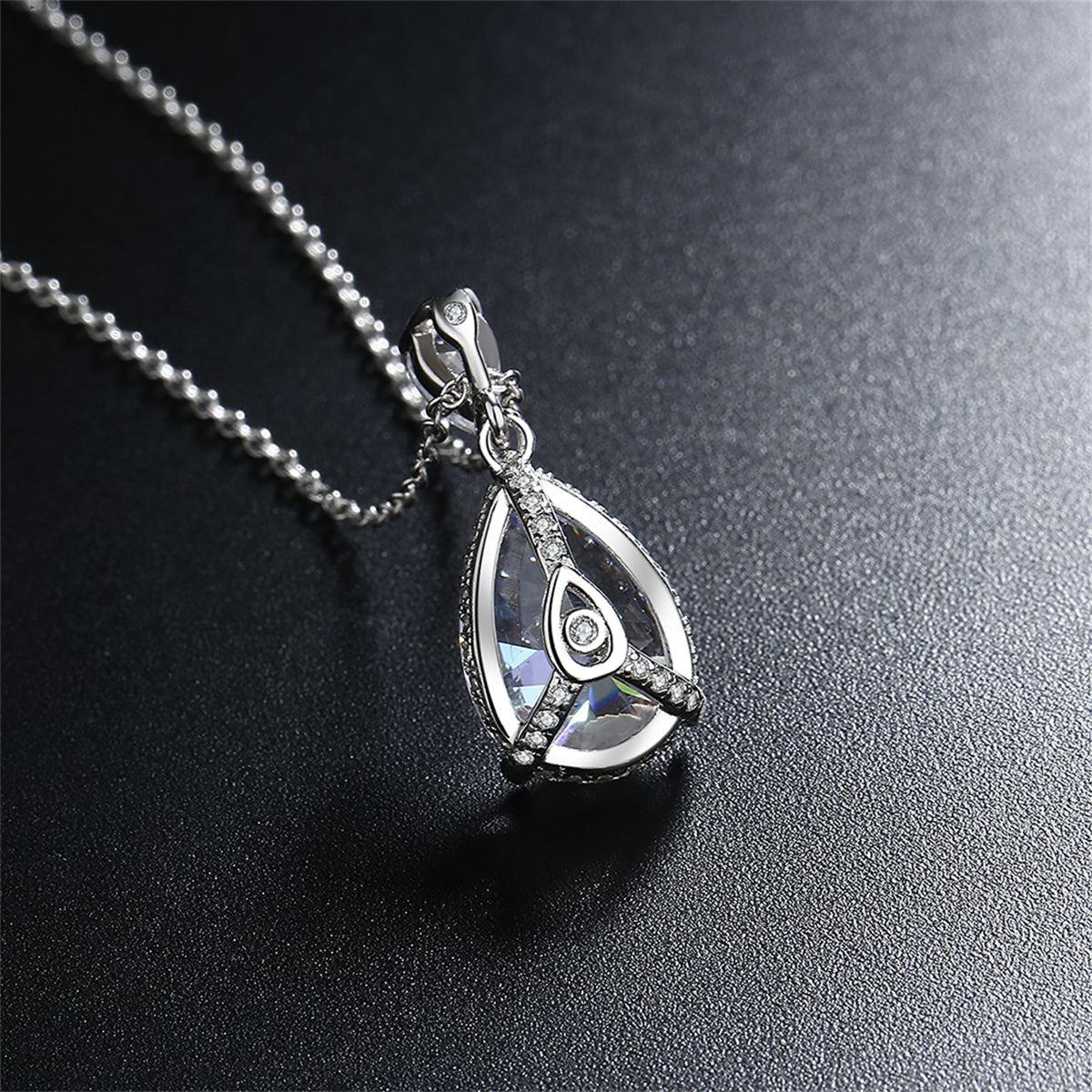Pear Crystal and Silver-Plated Drop Pendant Necklace, silver pendant necklace for women, elegant gift for her, lifestyle look
