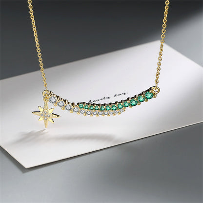 Cubic Zirconia and 18K Gold-Plated Curved Bar Star Pendant Necklace, gold pendant necklace for women, detail close-up
