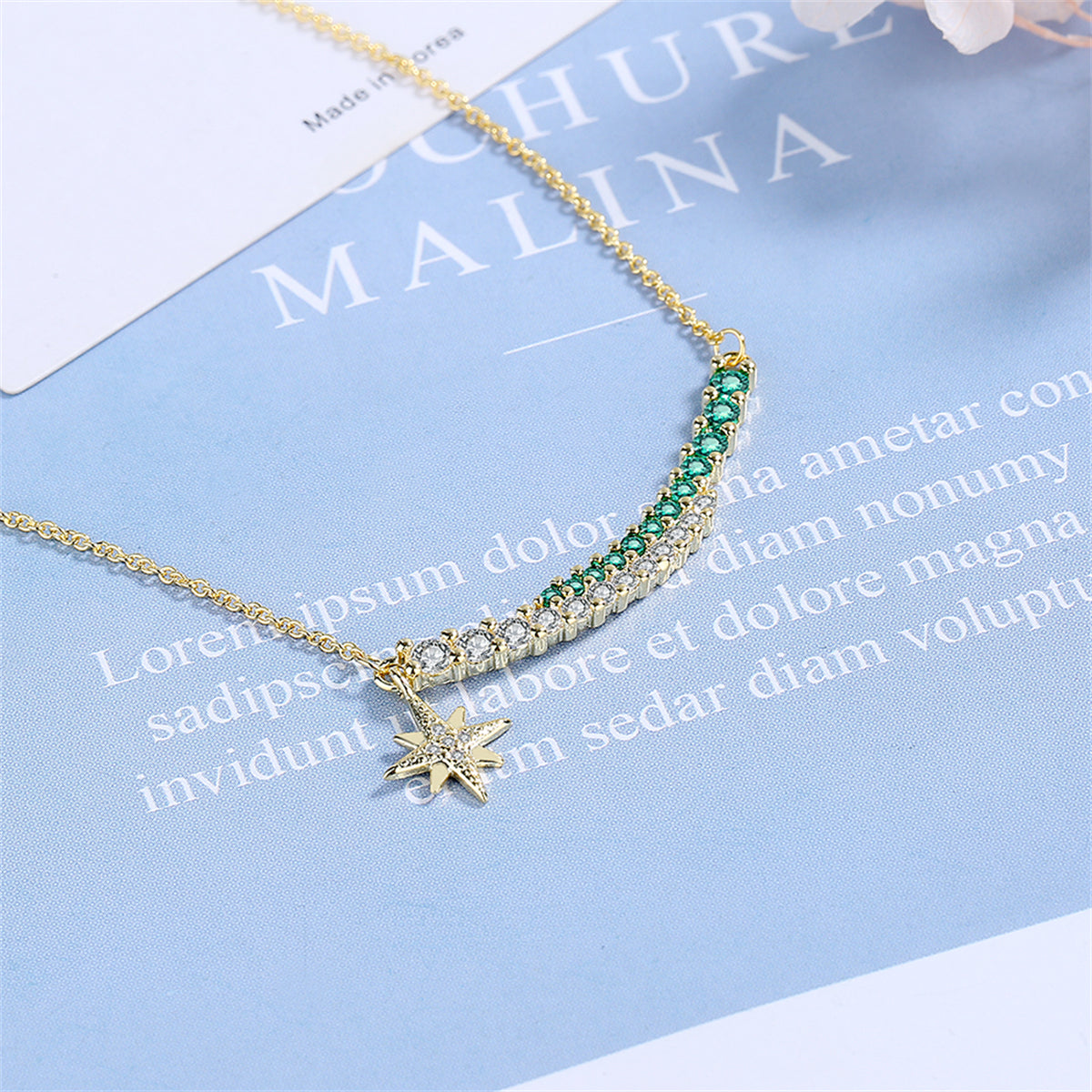 Cubic Zirconia and 18K Gold-Plated Curved Bar Star Pendant Necklace, gold pendant necklace for women, lifestyle look