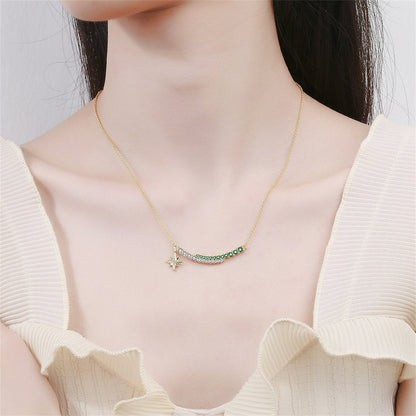 Cubic Zirconia and 18K Gold-Plated Curved Bar Star Pendant Necklace, gold pendant necklace for women, front view