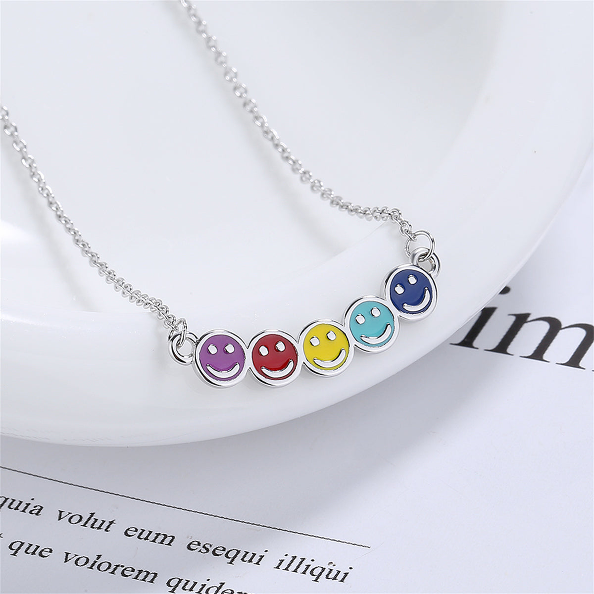 Multicolor Enamel and Silver-Plated Smiley Pendant Necklace, silver pendant necklace for women, front view