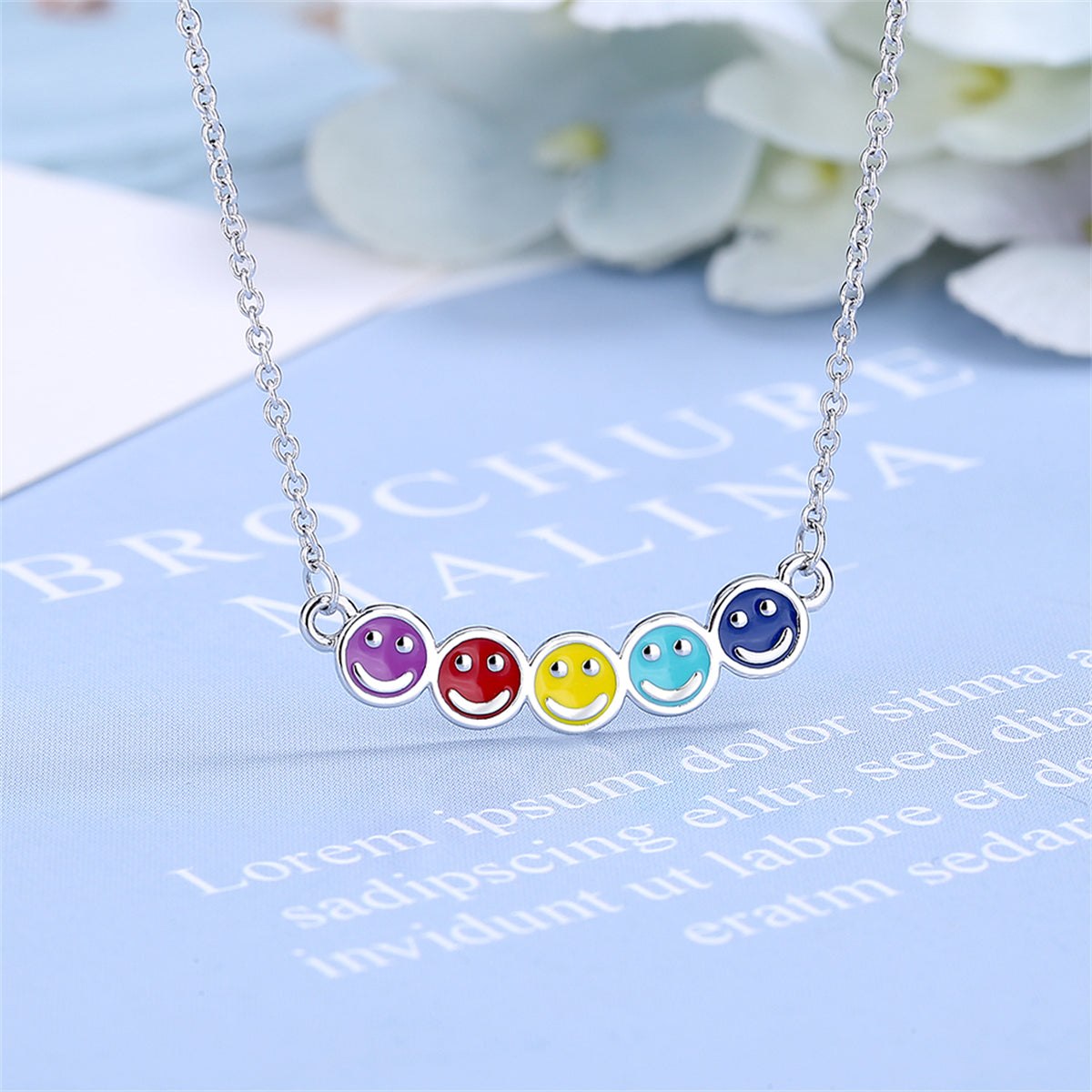 Multicolor Enamel and Silver-Plated Smiley Pendant Necklace, silver pendant necklace for women, detail close-up