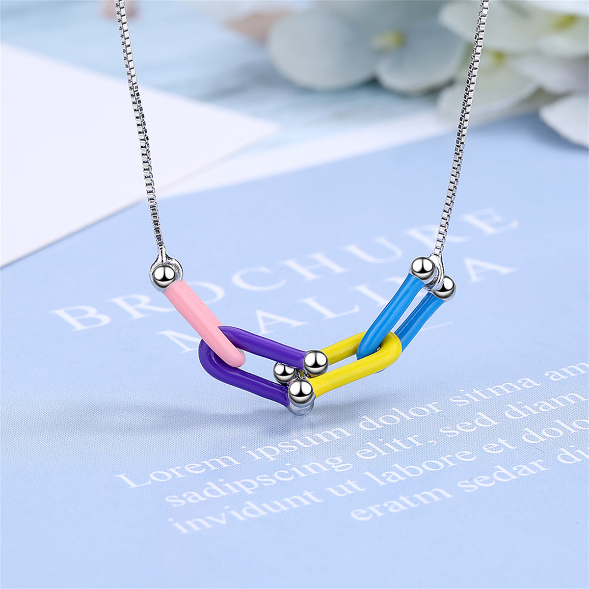 Multicolor Enamel and Silver-Plated Clasp Pendant Necklace, silver pendant necklace for women, front view