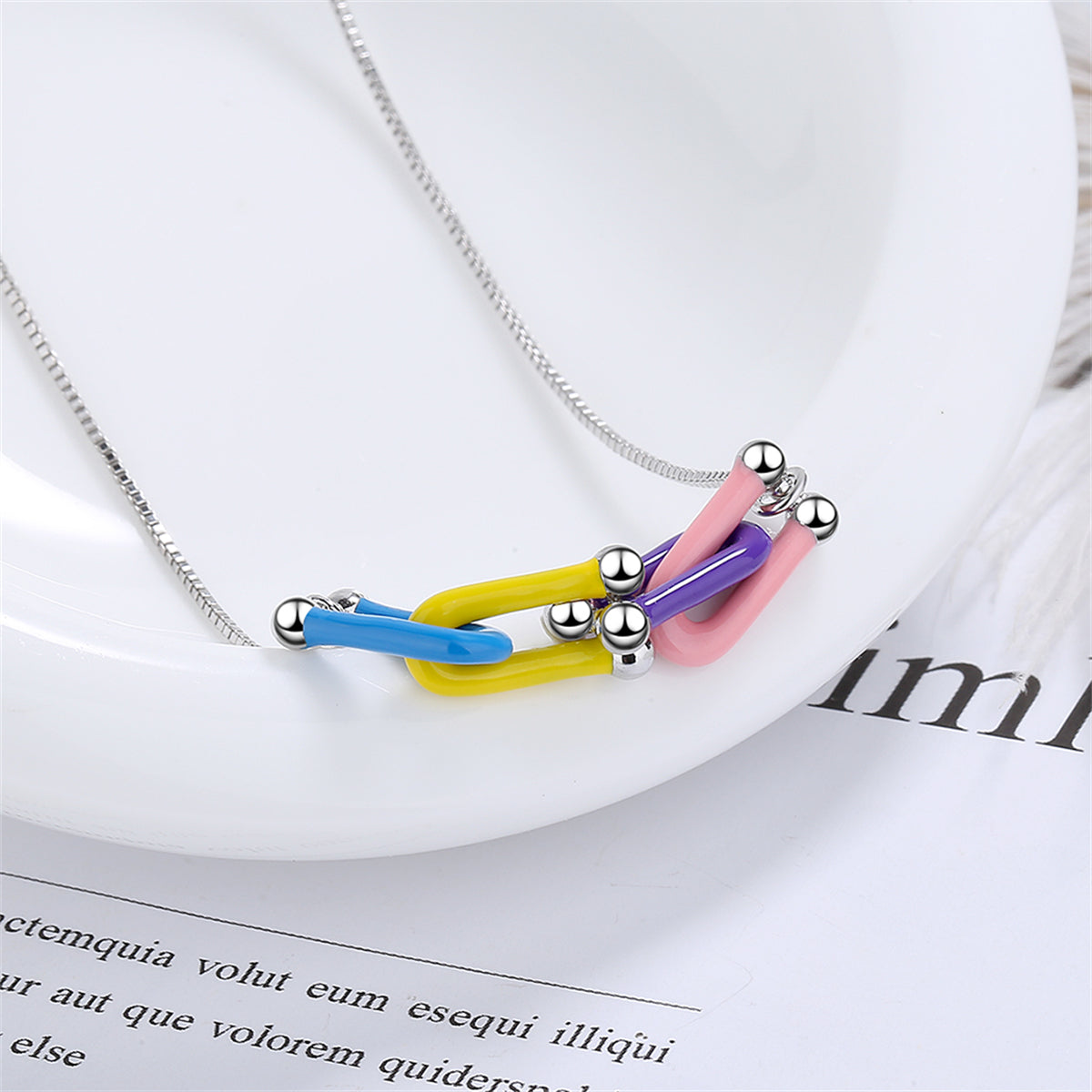 Multicolor Enamel and Silver-Plated Clasp Pendant Necklace, silver pendant necklace for women, side view