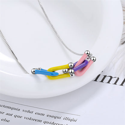 Multicolor Enamel and Silver-Plated Clasp Pendant Necklace, silver pendant necklace for women, side view
