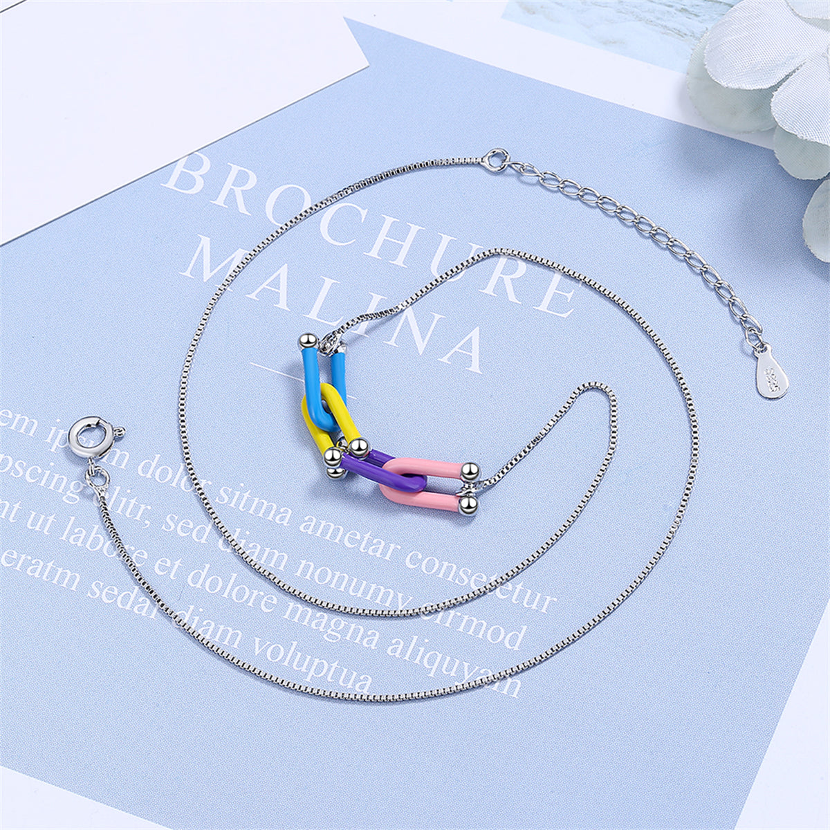 Multicolor Enamel and Silver-Plated Clasp Pendant Necklace, silver pendant necklace for women, detail close-up