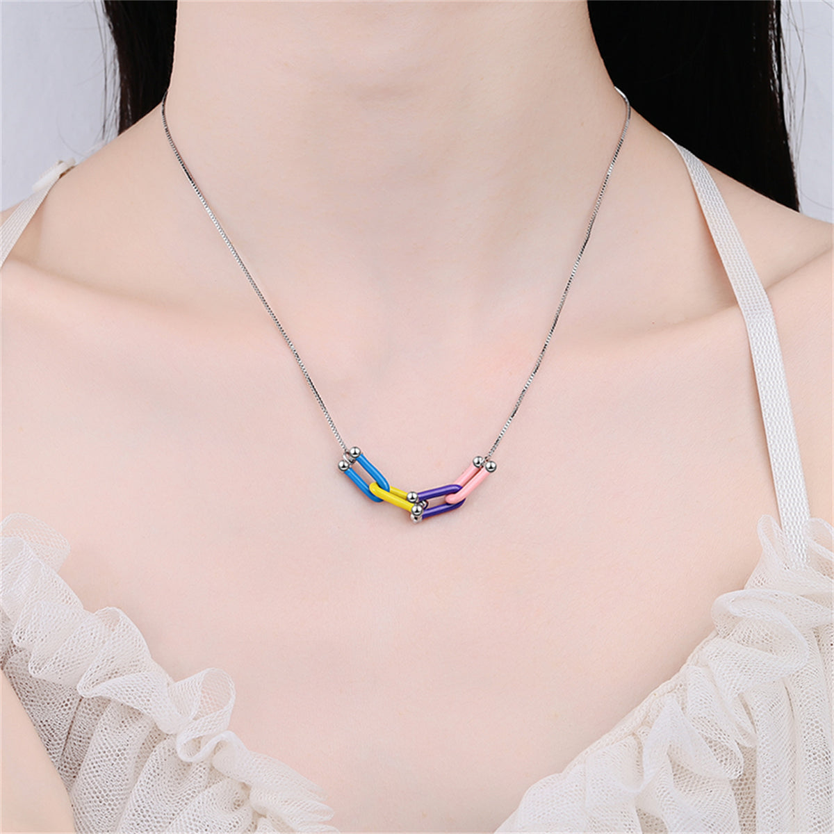 Multicolor Enamel and Silver-Plated Clasp Pendant Necklace, silver pendant necklace for women, styled look