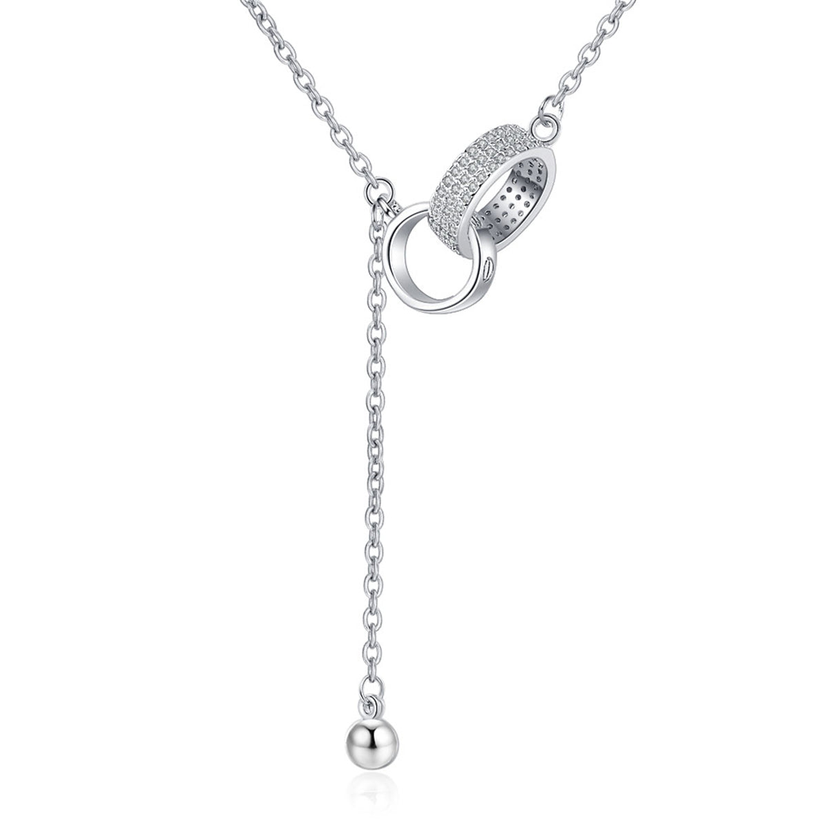Cubic Zirconia and Silver-Plated Interlocked Rings Lariat Necklace, silver pendant necklace for women, front view