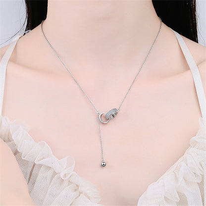Cubic Zirconia and Silver-Plated Interlocked Rings Lariat Necklace, silver pendant necklace for women, side view
