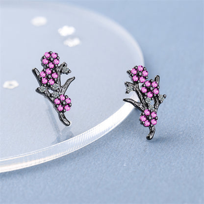 Cubic Zirconia and Black-Tone Plum Flower Stud Earrings, stud earrings for women, everyday style, front view