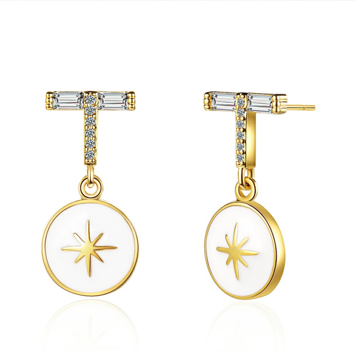 Cubic Zirconia and Enamel 18K Gold-Plated Star Drop Earrings, gold drop earrings for women, elegant gift for her, front view