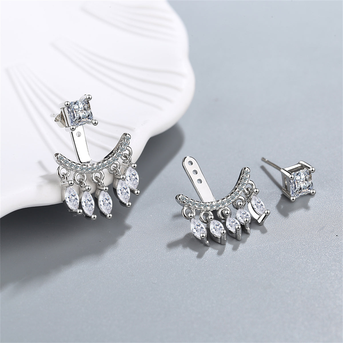Cubic Zirconia and Silver-Plated Ear Jacket, silver drop earrings for women, vintage-inspired design, side view
