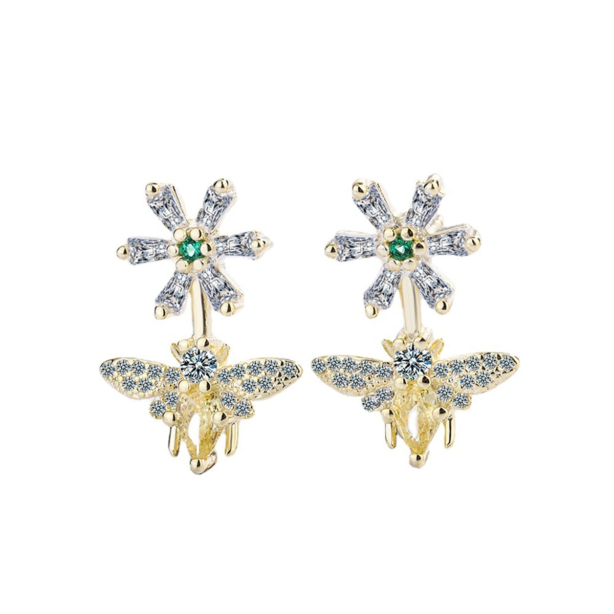 Yellow Crystal and Cubic Zirconia 18K Gold-Plated Flower Bee Drop Earrings, gold drop earrings for women, detail close-up