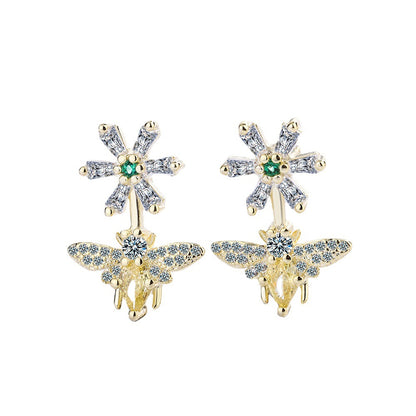 Yellow Crystal and Cubic Zirconia 18K Gold-Plated Flower Bee Drop Earrings, gold drop earrings for women, detail close-up