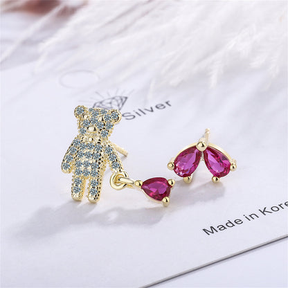 Pink Crystal and Cubic Zirconia Bear and Heart Mismatching Earrings, stud earrings for women, everyday style, styled look