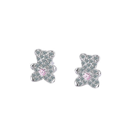 Crystal and Cubic Zirconia Heart Bear Stud Earrings, stud earrings for women, botanical inspired, front view