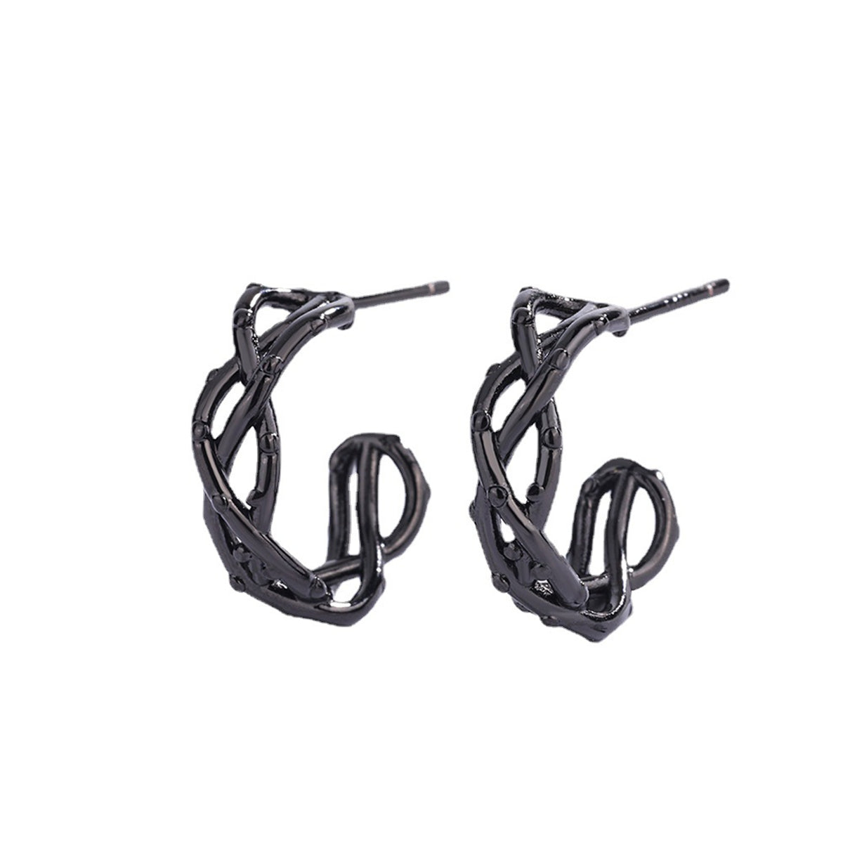 Black Twisted Huggie Earrings, huggie earrings, botanical inspired, front view