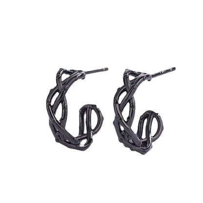Black Twisted Huggie Earrings, huggie earrings, botanical inspired, front view