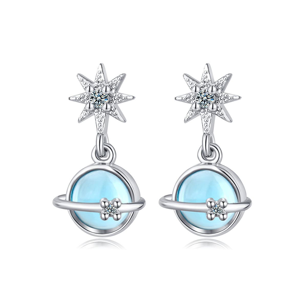 Moonstone and Cubic Zirconia Star and Planet Drop Earrings, drop earrings for women, botanical inspired, styled look