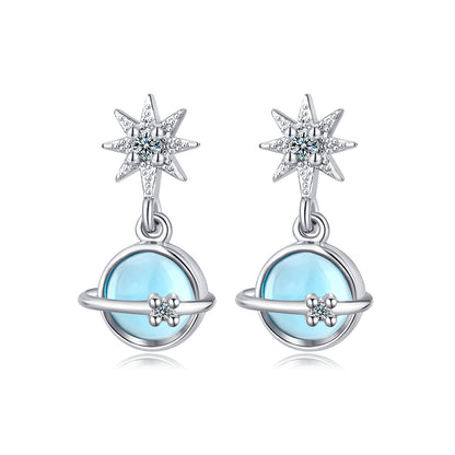Moonstone and Cubic Zirconia Star and Planet Drop Earrings, drop earrings for women, botanical inspired, styled look