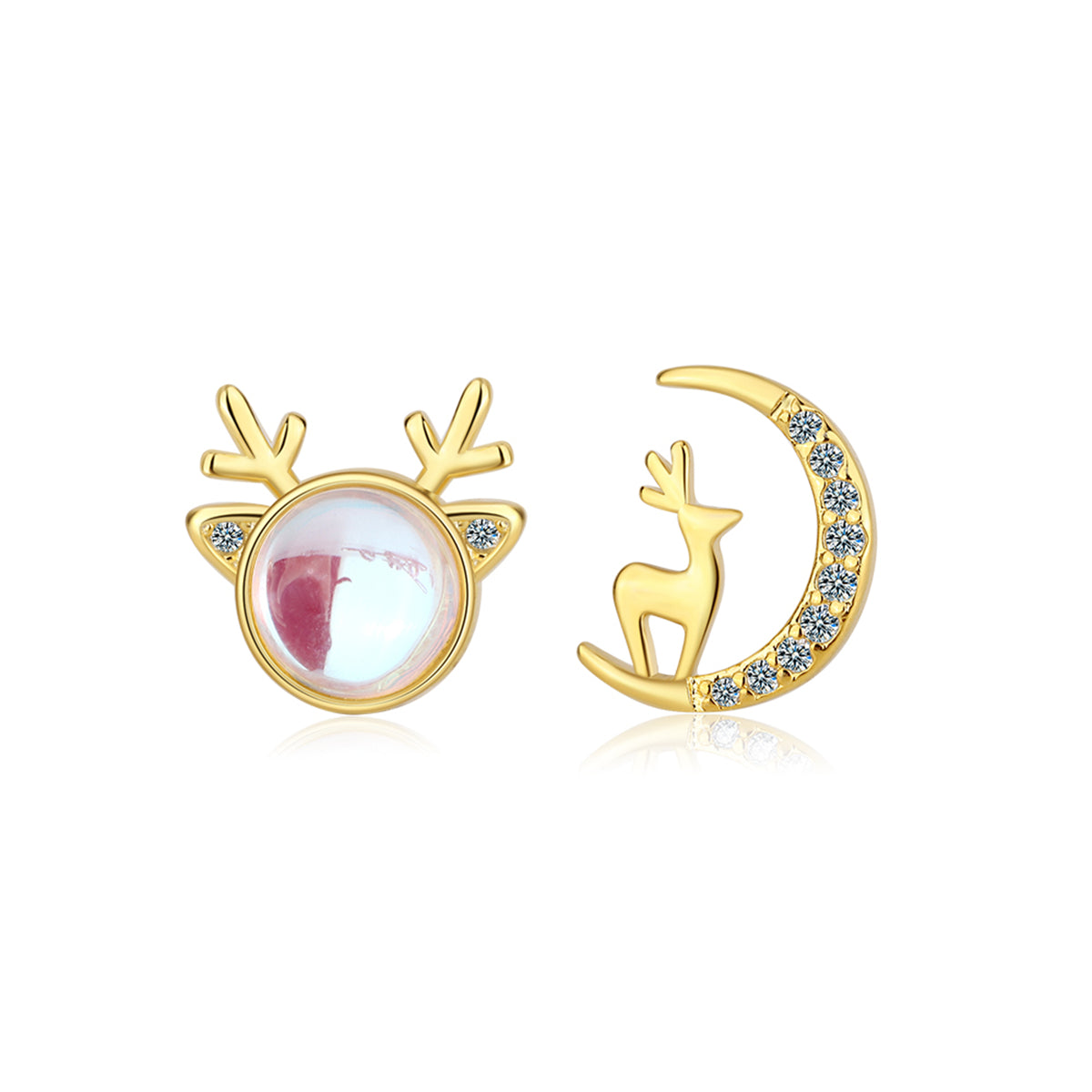 Moonstone and 18K Gold-Plated Deer and Moon Mismatched Stud Earrings, gold stud earrings for women, front view