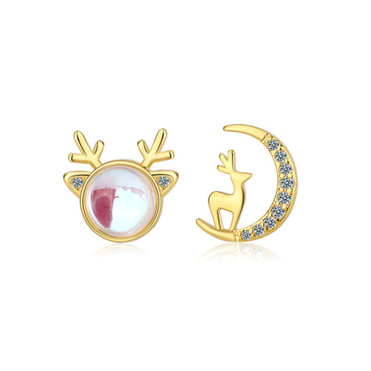 Moonstone and 18K Gold-Plated Deer and Moon Mismatched Stud Earrings, gold stud earrings for women, front view