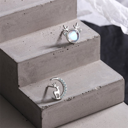 Moonstone and Silver-Plated Deer and Moon Mismatched Stud Earrings, silver stud earrings for women, front view