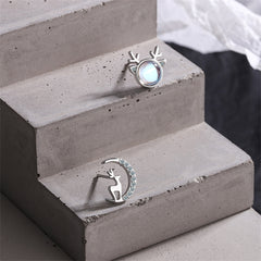 Moonstone & Silver-Plated Deer & Moon Mismatched Stud Earrings