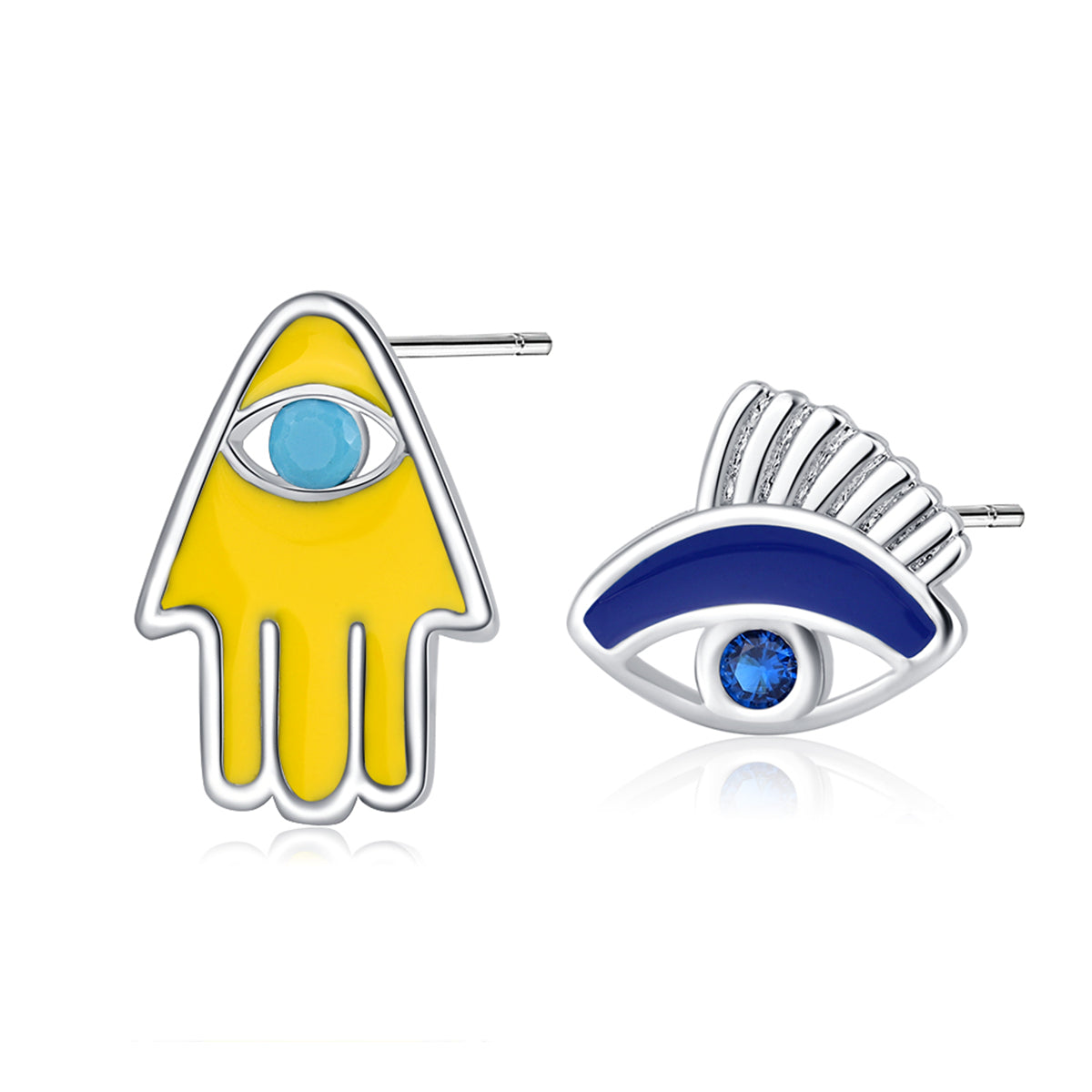 Cubic Zirconia and Silver-Plated Hamsa Eye Stud Earrings, silver stud earrings for women, styled look