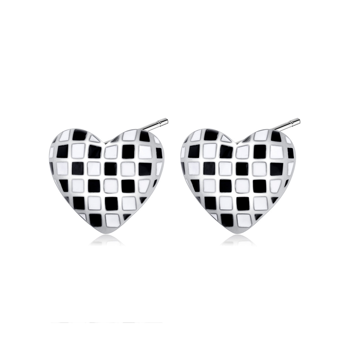 Black and White Checkerboard Heart Stud Earrings, stud earrings for women, dainty minimalist design, front view