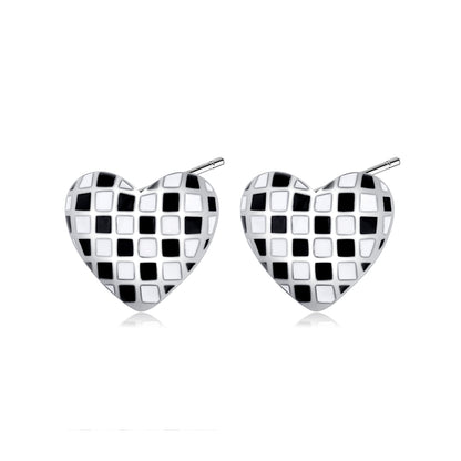 Black and White Checkerboard Heart Stud Earrings, stud earrings for women, dainty minimalist design, front view