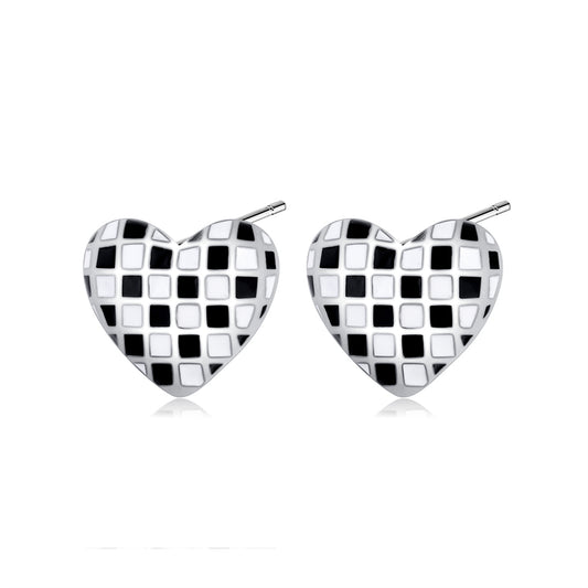 Black and White Checkerboard Heart Stud Earrings, stud earrings for women, dainty minimalist design, front view