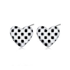 Black & White Checkerboard Heart Stud Earrings