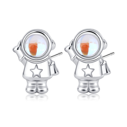 Moonstone and Silver-Plated Astronaut Stud Earrings, silver stud earrings for women, elegant gift for her, styled look