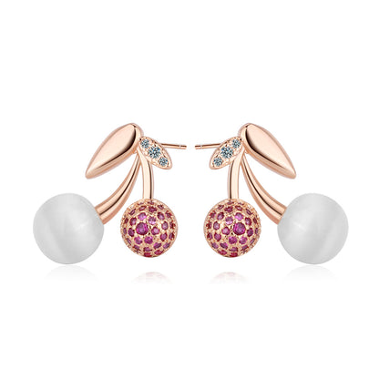 Cubic Zirconia and Cats Eye 18K Rose Gold-Plated Cherry Stud Earring, rose gold stud earrings for women, styled look