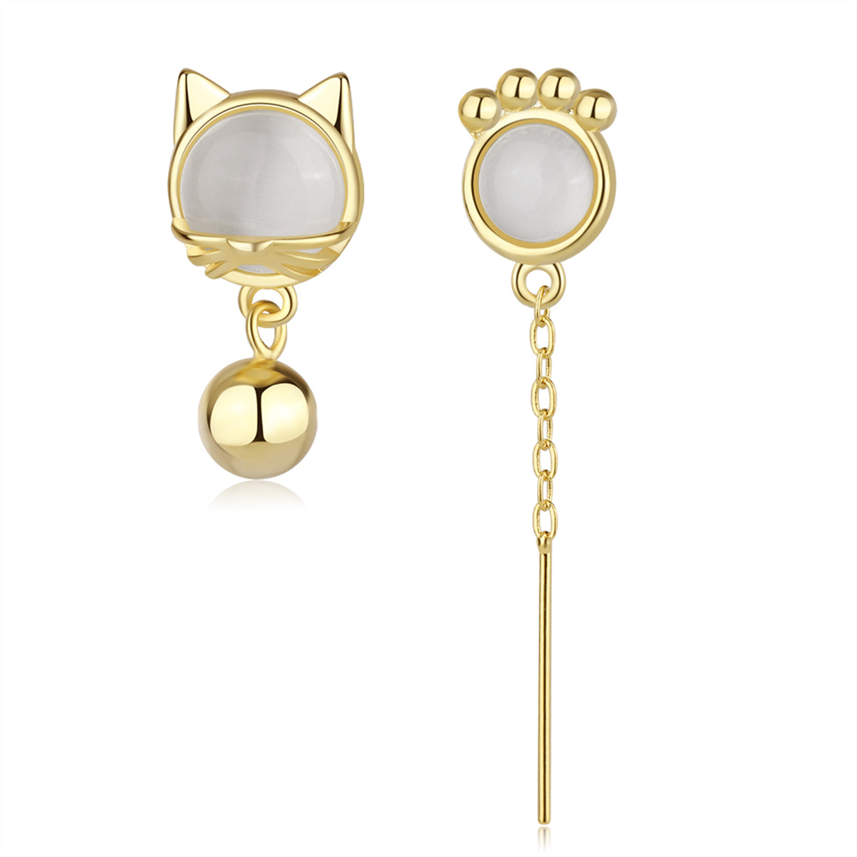 White Cat Eye and 18K Gold-Plated Kitty Mismatching Drop Earrings, gold drop earrings for women, everyday style, styled look