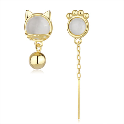 White Cat Eye and 18K Gold-Plated Kitty Mismatching Drop Earrings, gold drop earrings for women, everyday style, styled look