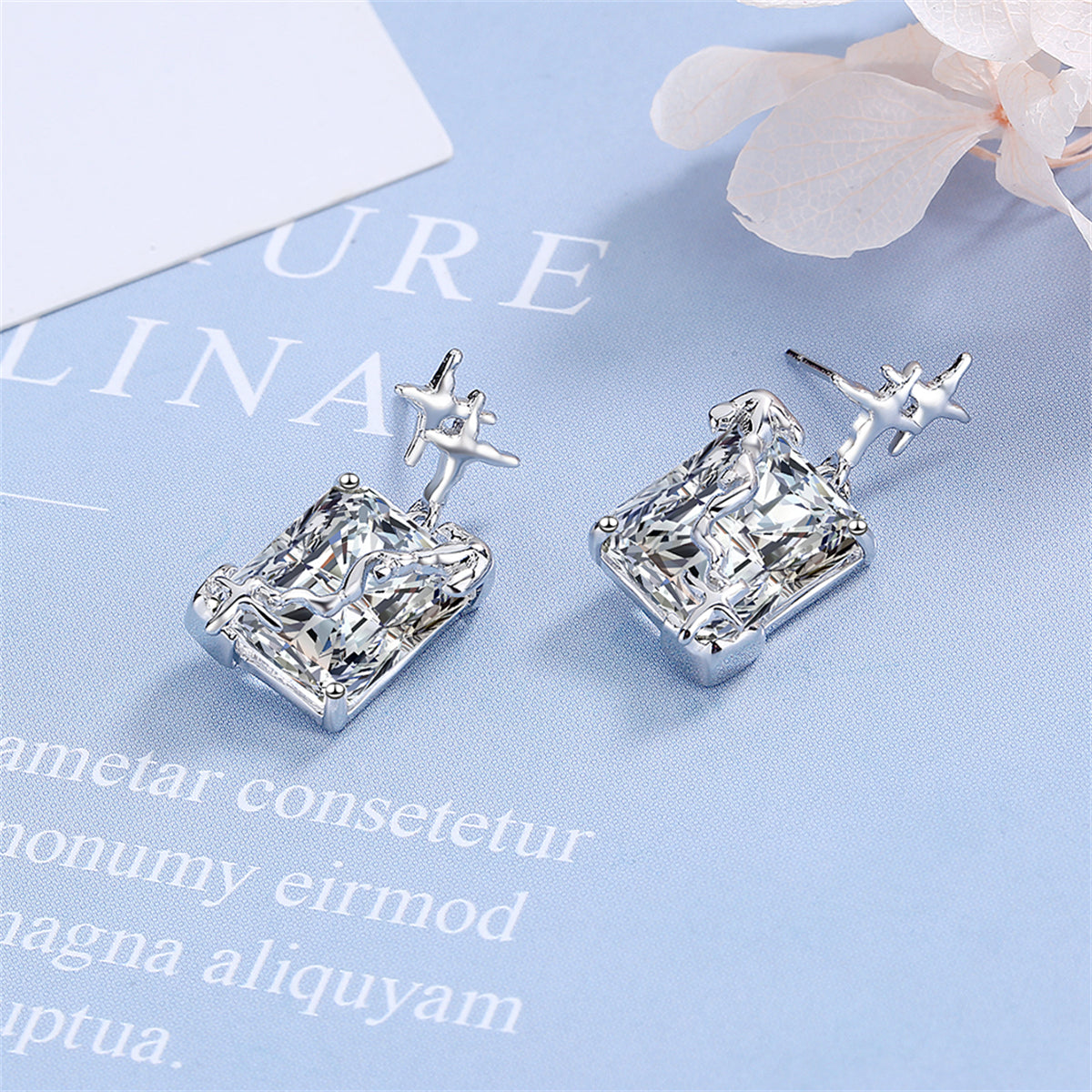 Crystal and Silver-Plated Star Rectangle Drop Earrings, silver drop earrings for women, dainty minimalist design, front view