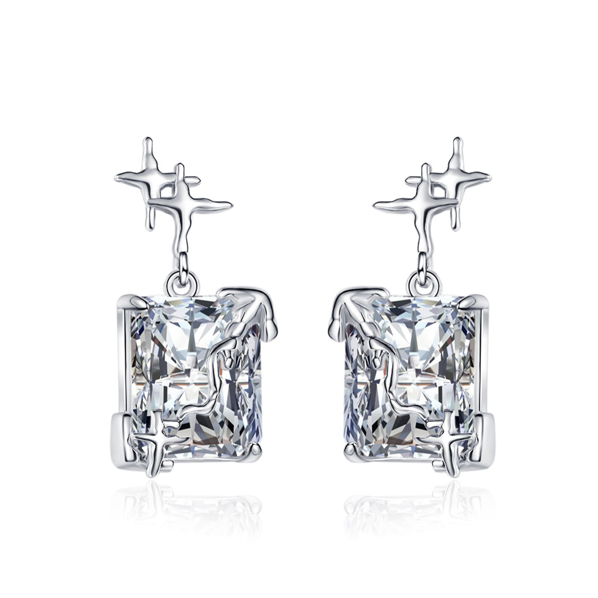 Crystal and Silver-Plated Star Rectangle Drop Earrings, silver drop earrings for women, dainty minimalist design, styled look