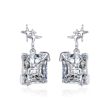 Crystal and Silver-Plated Star Rectangle Drop Earrings, silver drop earrings for women, dainty minimalist design, styled look