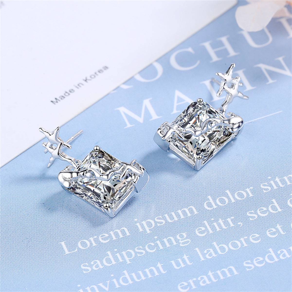 Crystal and Silver-Plated Star Rectangle Drop Earrings, silver drop earrings for women, dainty minimalist design, side view