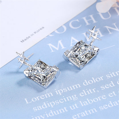 Crystal and Silver-Plated Star Rectangle Drop Earrings, silver drop earrings for women, dainty minimalist design, side view
