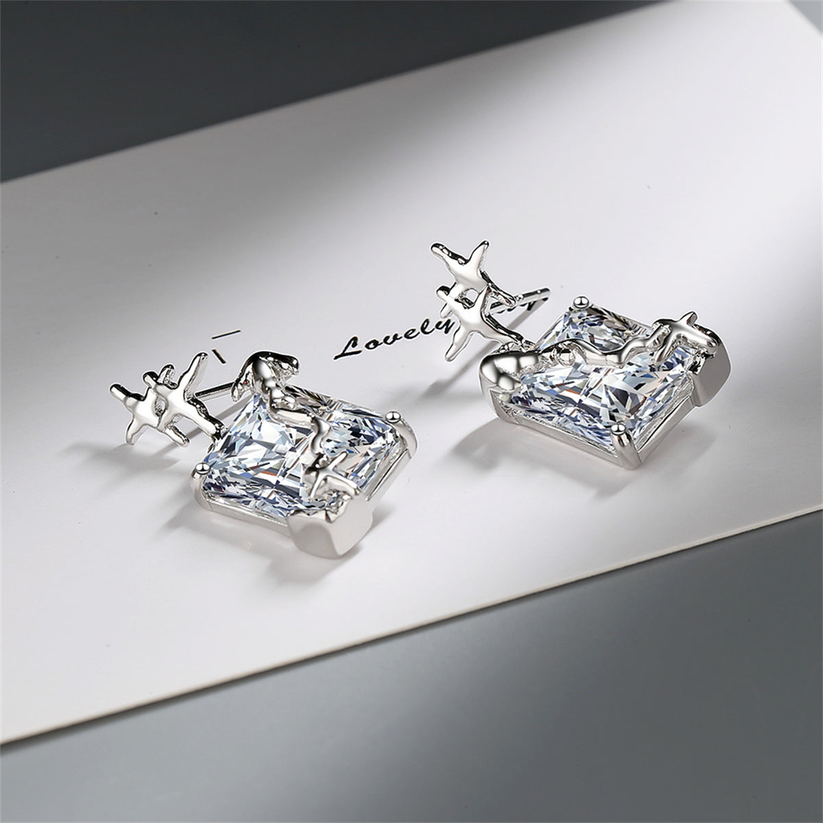 Crystal and Silver-Plated Star Rectangle Drop Earrings, silver drop earrings for women, detail close-up
