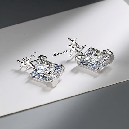 Crystal and Silver-Plated Star Rectangle Drop Earrings, silver drop earrings for women, detail close-up