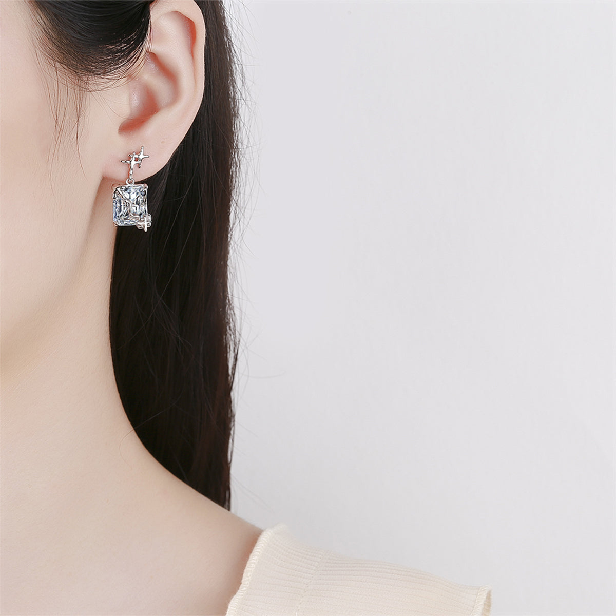 Crystal and Silver-Plated Star Rectangle Drop Earrings, silver drop earrings for women, lifestyle look